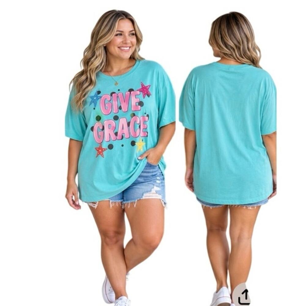 Lucky and Blessed Life 2XL Give Grace Graphic Tee Aqua Rhinestone Christian